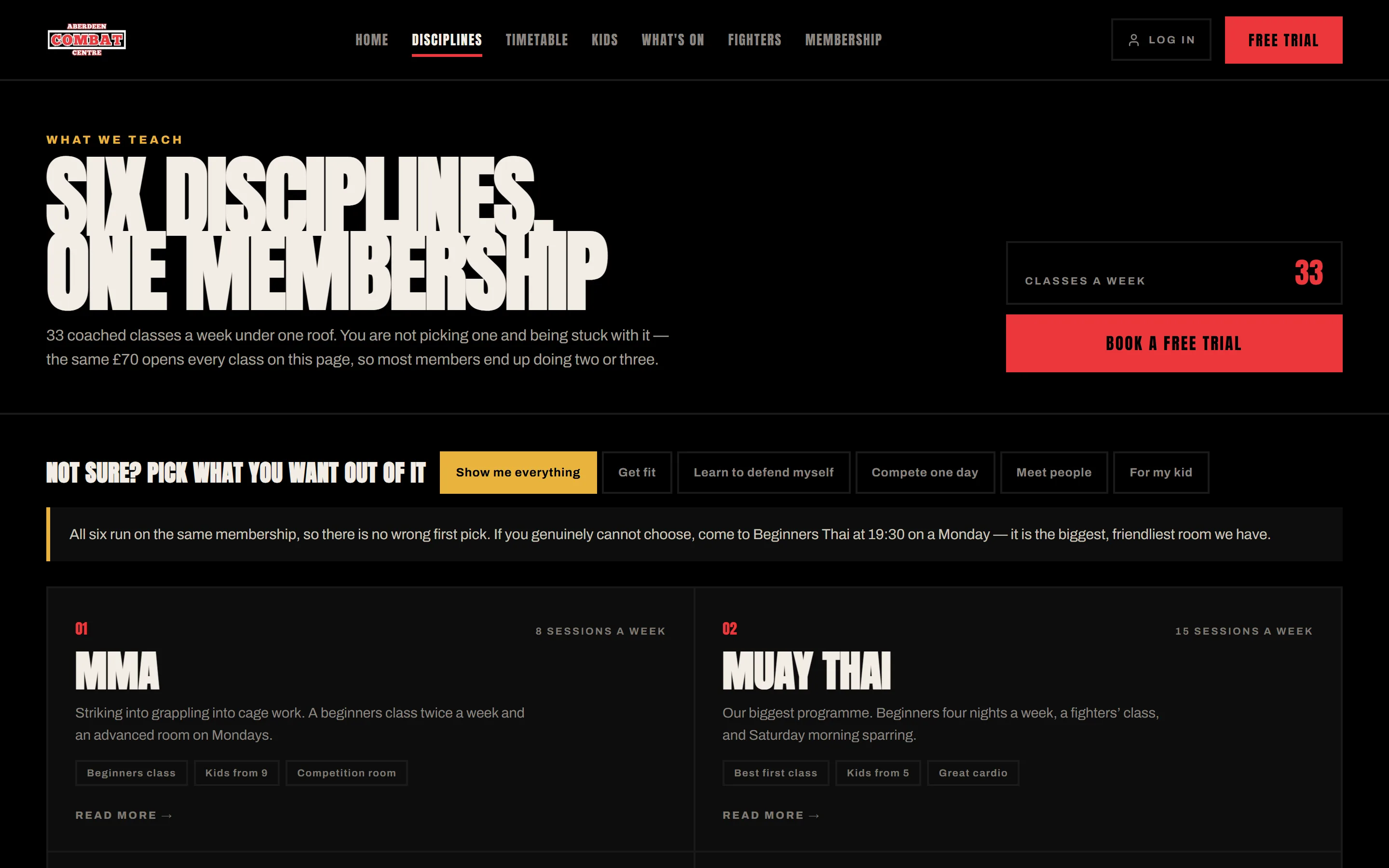 The Aberdeen Combat Centre disciplines page, showing cards for Muay Thai, MMA, jiu-jitsu, boxing, wrestling and the kids programme.