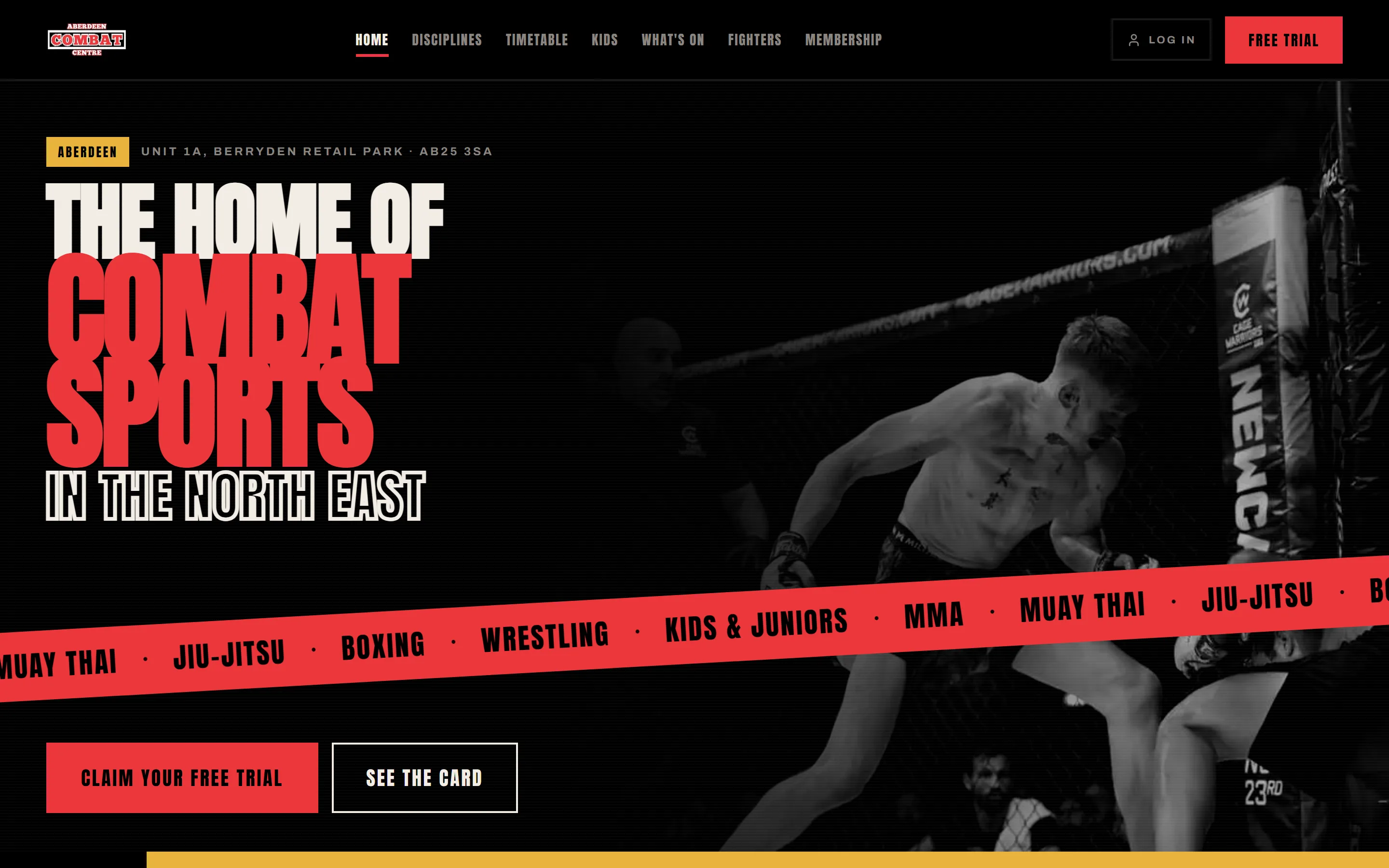 The Aberdeen Combat Centre website: a black poster-style homepage reading 'The home of combat sports in the north east' over a monochrome photograph of a fighter at a Cage Warriors event, with a red band listing the six disciplines.