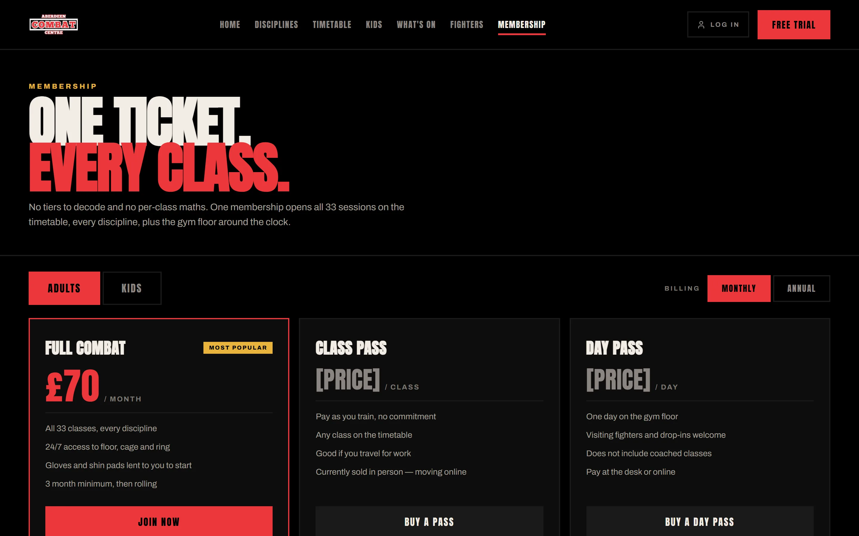 The Aberdeen Combat Centre membership page, showing plan options and pricing.