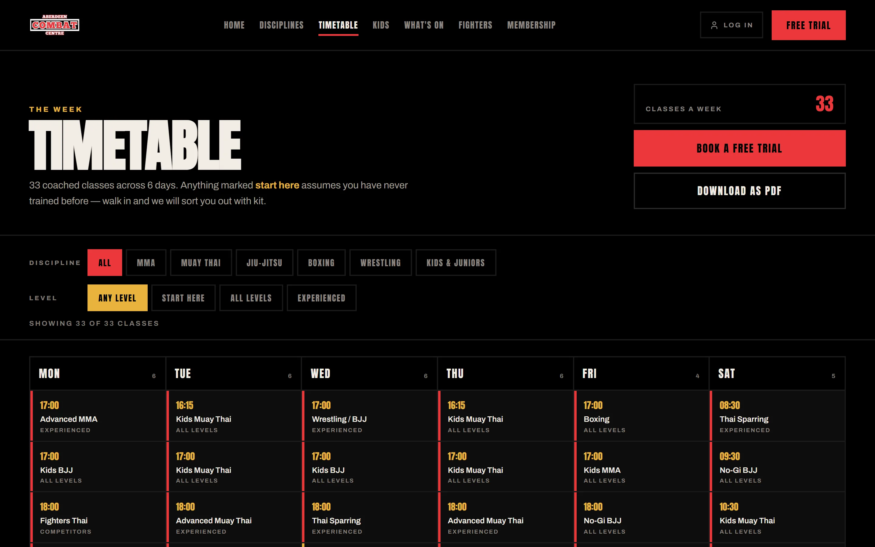 The Aberdeen Combat Centre timetable page, showing a day selector and the day's classes with start times, disciplines and levels.